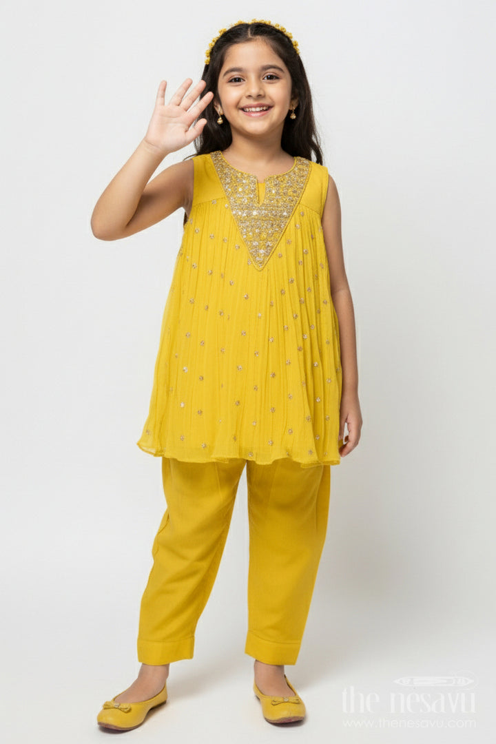 The Nesavu Girls Sharara / Plazo Set Girls Sharara Set for Wedding Functions and Ethnic Celebrations Nesavu 16 (1Y) / Yellow GPS787B-16 Nesavu girls sharara outfit wedding functions ethnic celebrations sequin work