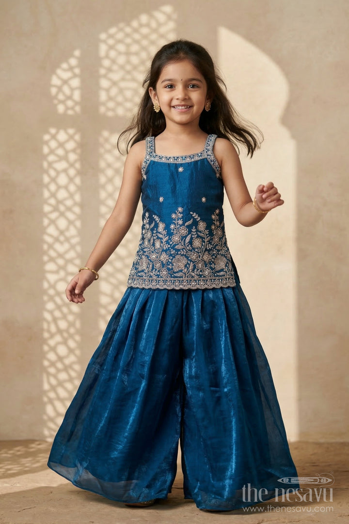 The Nesavu Girls Sharara / Plazo Set Girls Sharara Set for Wedding Functions and Festive Gatherings Nesavu 24 (5Y) / Blue / Organza GPS978A-24 Nesavu girls organza sharara set with embroidered yoke for weddings