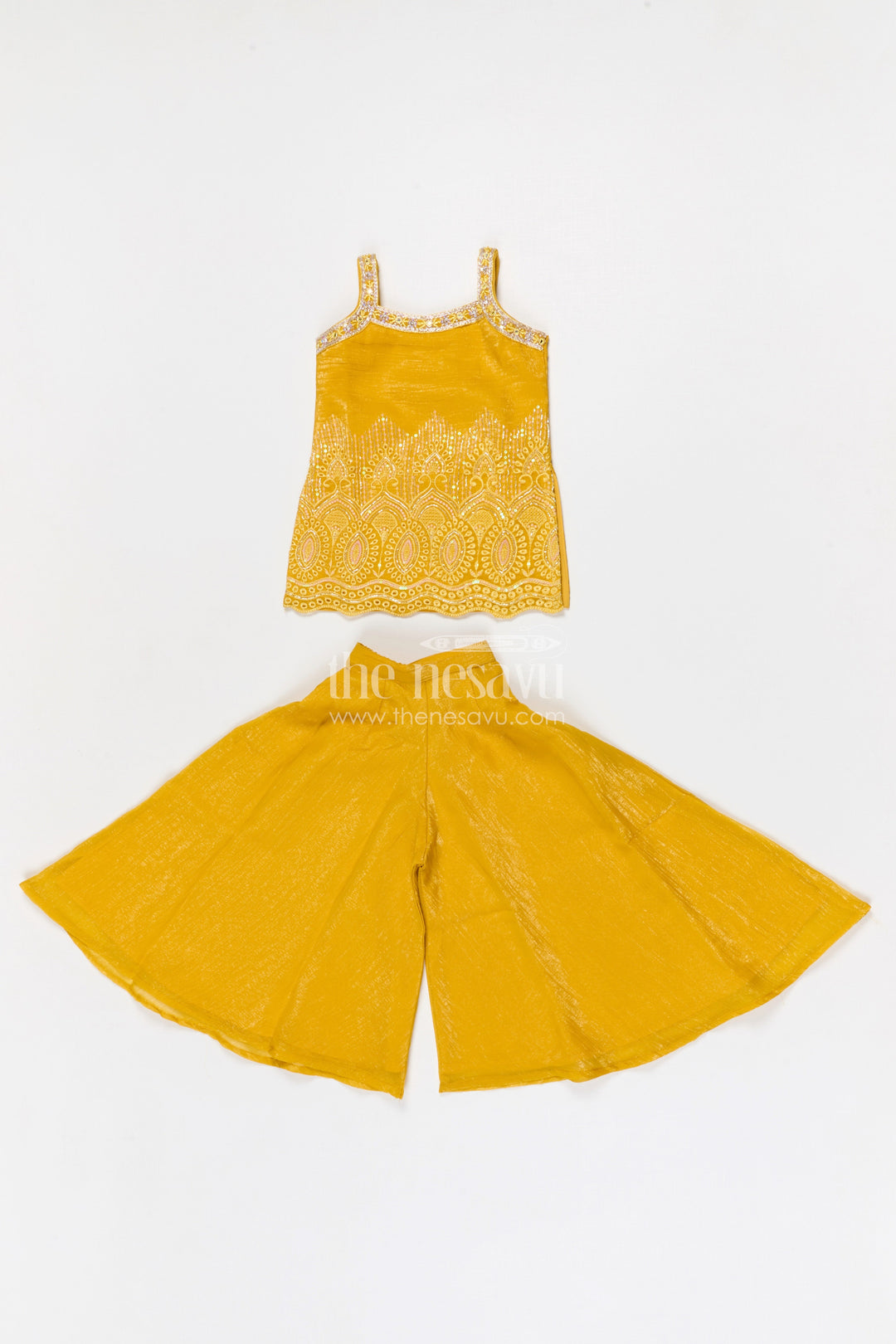 The Nesavu Girls Sharara / Plazo Set Girls Sharara Set for Wedding Functions and Festive Wear Nesavu 18 (2Y) / Yellow / Georgette GPS967A-18 Nesavu girls georgette sharara set for wedding functions with designer embroidered yoke