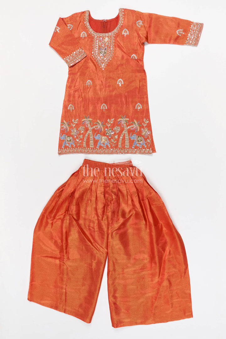 The Nesavu Girls Sharara / Plazo Set Girls Sharara Set for Wedding Functions and Festive Wearing Nesavu 28 (7Y) / Orange / Georgette GPS976A-28 Nesavu girls georgette sharara set with designer embroidery for weddings