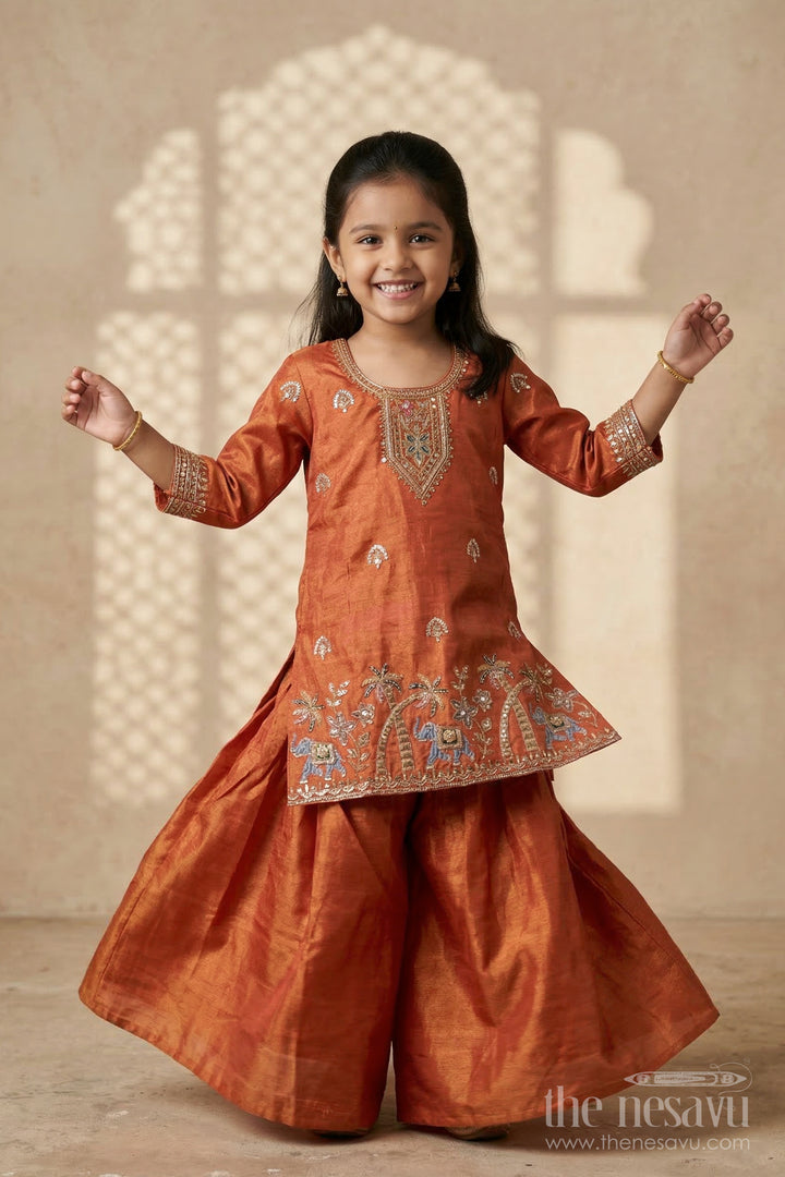 The Nesavu Girls Sharara / Plazo Set Girls Sharara Set for Wedding Functions and Festive Wearing Nesavu 28 (7Y) / Orange / Georgette GPS976A-28 Nesavu girls georgette sharara set with designer embroidery for weddings