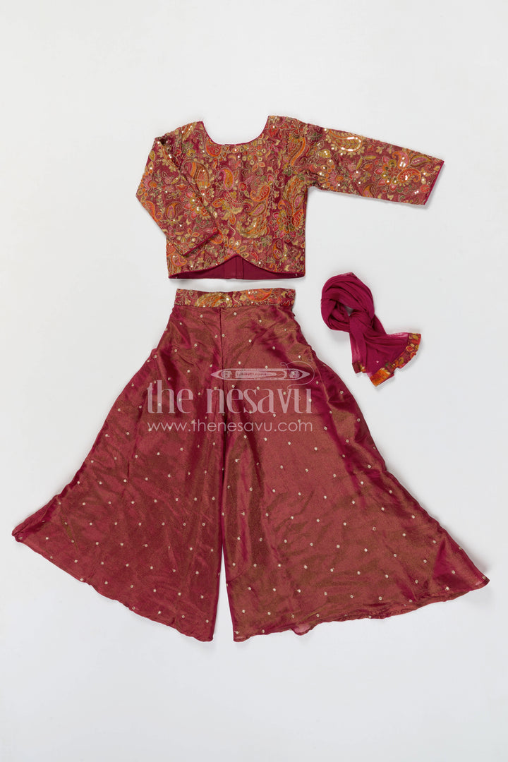 The Nesavu Girls Sharara / Plazo Set Girls Sharara Set for Wedding Functions and Sangeeth Nesavu Nesavu girls sharara set for weddings with viscose silk fabric and designer embroidered yoke festive wear