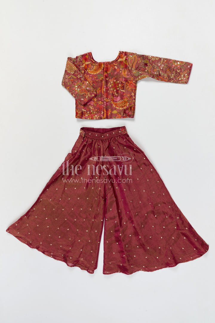The Nesavu Girls Sharara / Plazo Set Girls Sharara Set for Wedding Functions and Sangeeth Nesavu Nesavu girls sharara set for weddings with viscose silk fabric and designer embroidered yoke festive wear