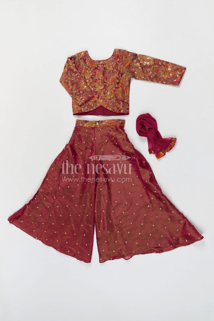 The Nesavu Girls Sharara / Plazo Set Girls Sharara Set for Wedding Functions and Sangeeth Nesavu Nesavu girls sharara set for weddings with viscose silk fabric and designer embroidered yoke festive wear
