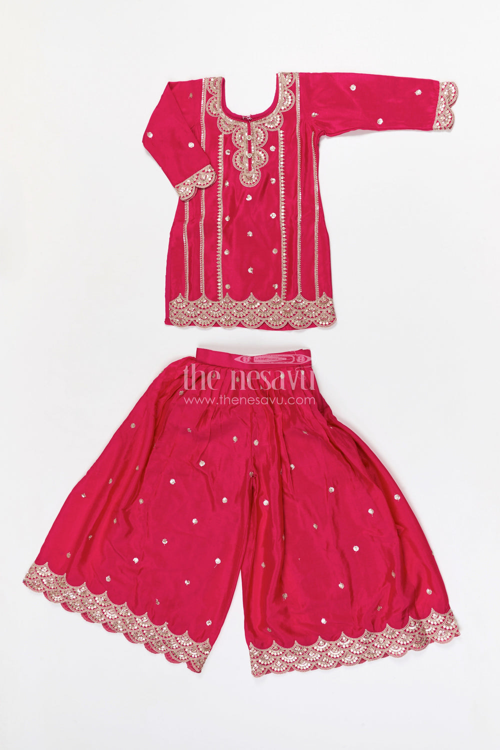 The Nesavu Girls Sharara / Plazo Set Girls Sharara Set for Wedding Functions Nesavu 24 (5Y) / Red / Viscose Silk GPS974A-24 Nesavu girls viscose silk sharara set with sequin embroidery for weddings