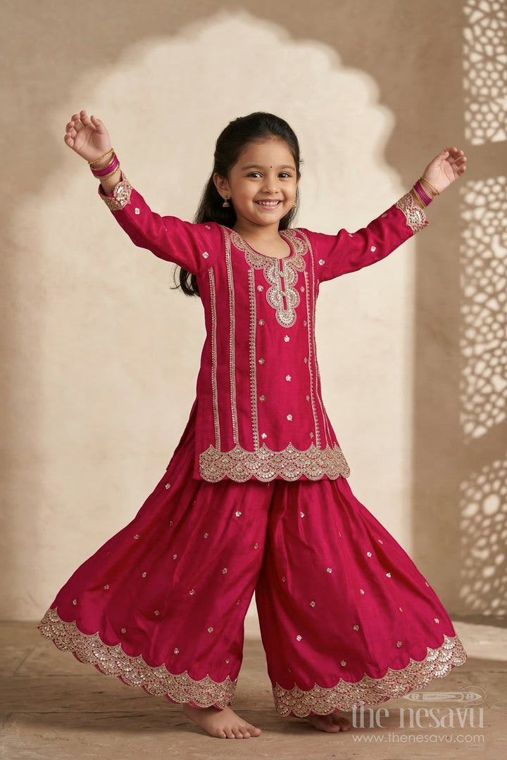 The Nesavu Girls Sharara / Plazo Set Girls Sharara Set for Wedding Functions Nesavu 24 (5Y) / Red / Viscose Silk GPS974A-24 Nesavu girls viscose silk sharara set with sequin embroidery for weddings