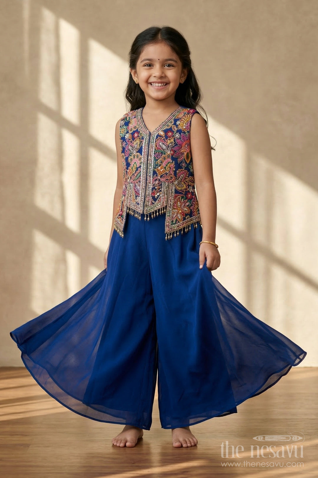 The Nesavu Girls Sharara / Plazo Set Girls Sharara Set for Wedding Functions Nesavu 26 (6Y) / Blue / Georgette GPS969A-26 Nesavu girls georgette sharara set for weddings with thread embroidery yoke