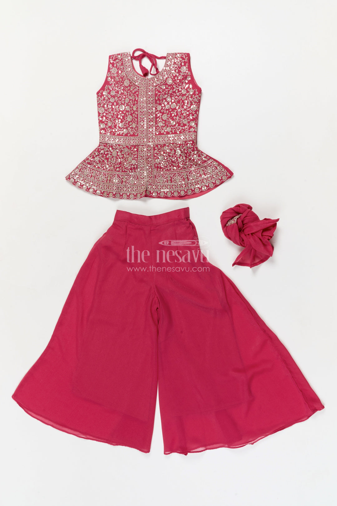 The Nesavu Girls Sharara / Plazo Set Girls Sharara Set for Wedding Receptions and Festive Occasions Nesavu Nesavu girls sharara set with embroidered peplum top for weddings and festive parties