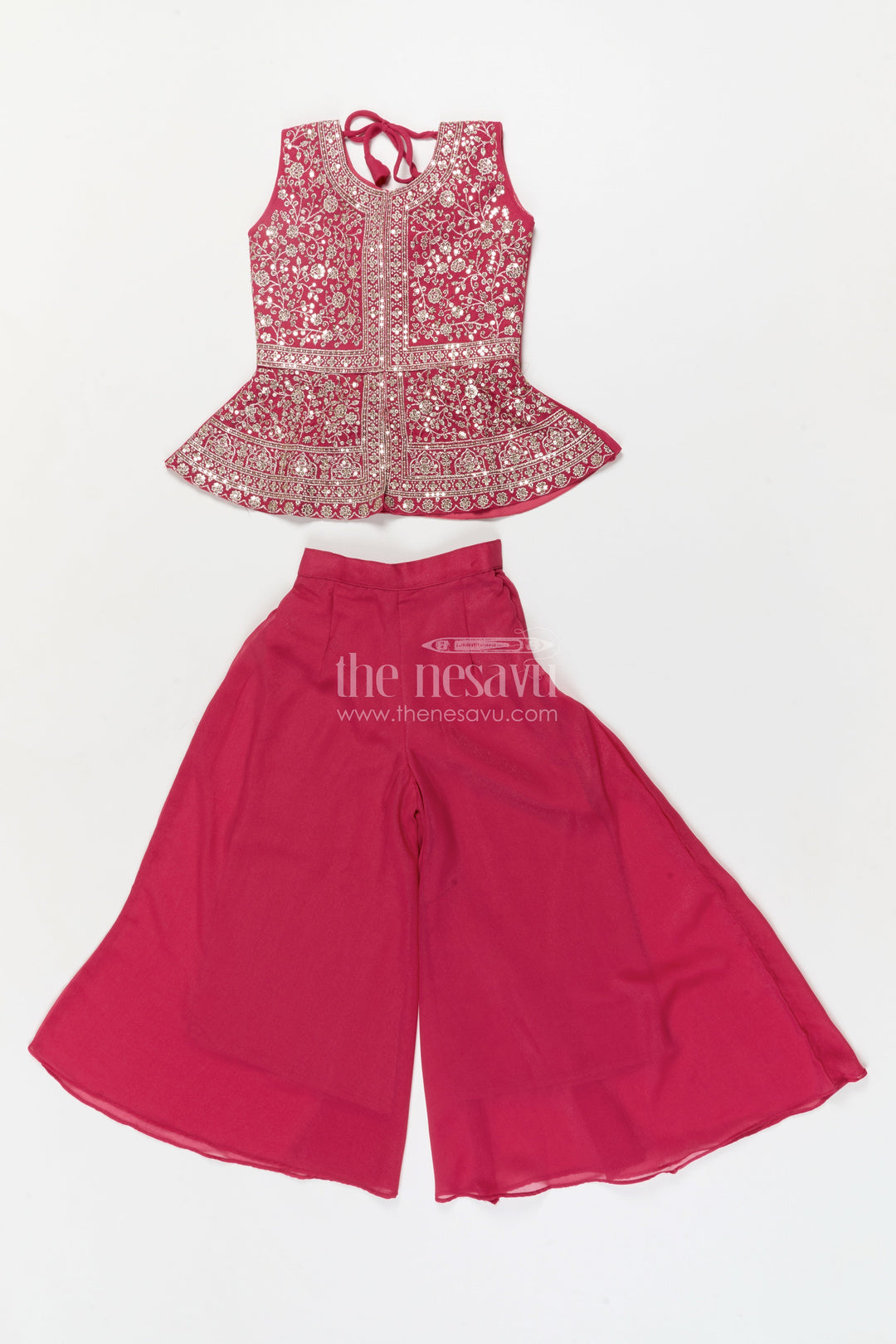The Nesavu Girls Sharara / Plazo Set Girls Sharara Set for Wedding Receptions and Festive Occasions Nesavu Nesavu girls sharara set with embroidered peplum top for weddings and festive parties