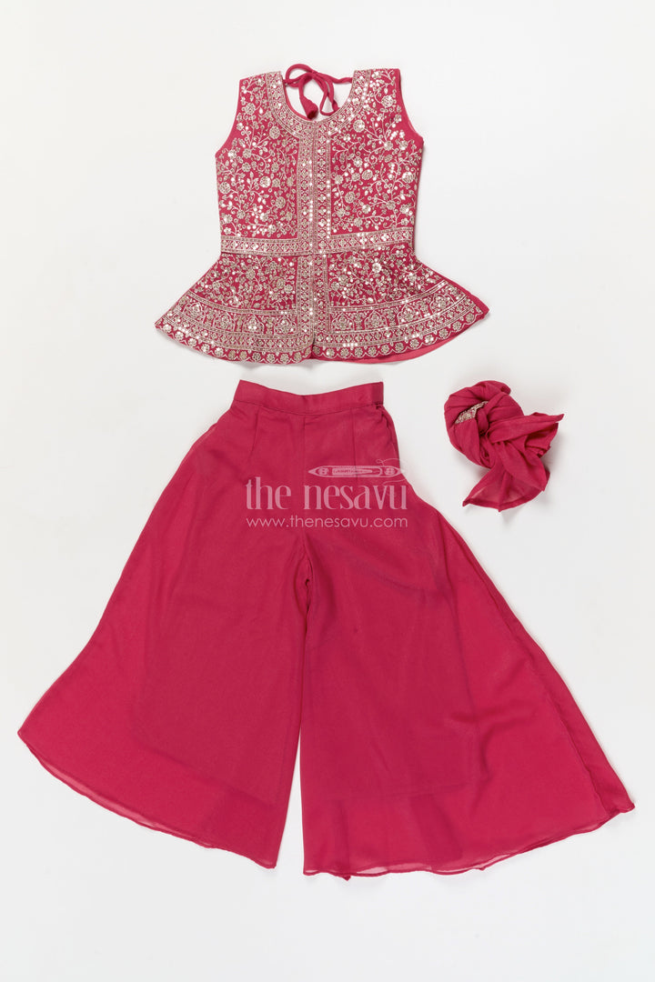 The Nesavu Girls Sharara / Plazo Set Girls Sharara Set for Wedding Receptions and Festive Occasions Nesavu Nesavu girls sharara set with embroidered peplum top for weddings and festive parties