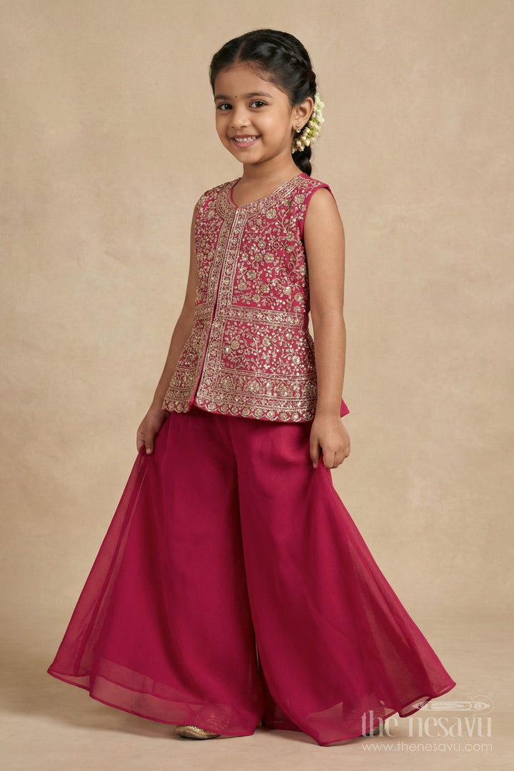 The Nesavu Girls Sharara / Plazo Set Girls Sharara Set for Wedding Receptions and Festive Occasions Nesavu Nesavu girls sharara set with embroidered peplum top for weddings and festive parties