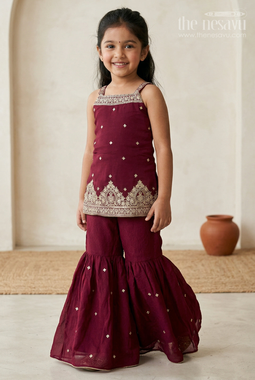 The Nesavu Girls Sharara / Plazo Set Girls Sharara Set for Weddings and Birthday Functtions Nesavu 16 (1Y) / Red / Viscose GPS1031A-16 Nesavu Girls Sharara Set For Weddings With Viscose Blend Silk And Embroidered Yoke Festive Outfit