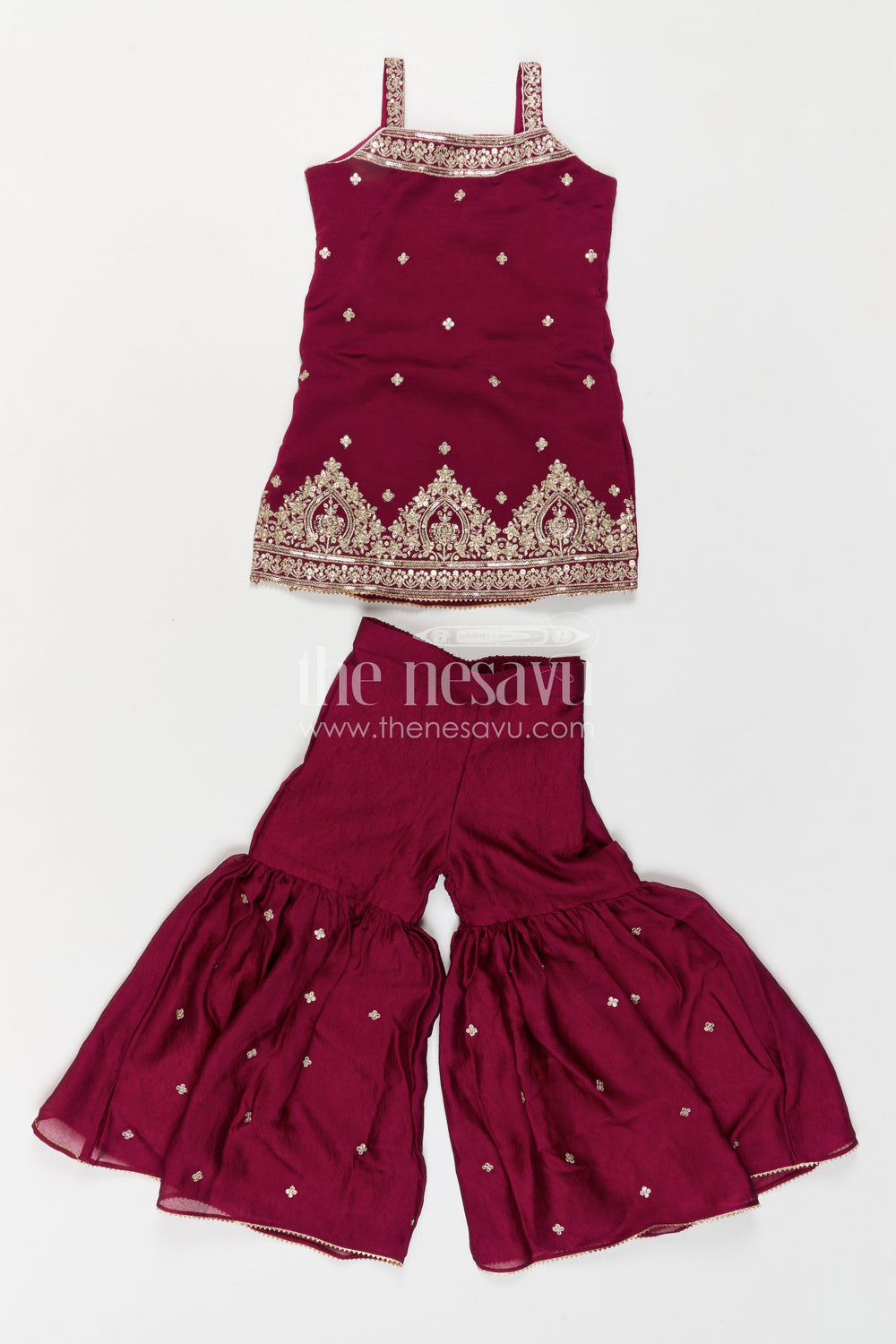 The Nesavu Girls Sharara / Plazo Set Girls Sharara Set for Weddings and Birthday Functtions Nesavu Nesavu Girls Sharara Set For Weddings With Viscose Blend Silk And Embroidered Yoke Festive Outfit