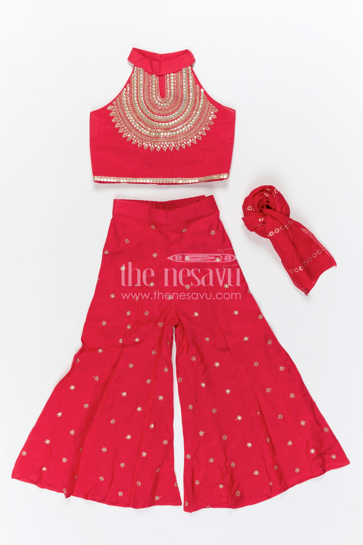 The Nesavu Girls Sharara / Plazo Set Girls Sharara Set for Weddings and Cultural Events Nesavu Nesavu Girls Sharara Set For Weddings With Modal Silk And Designer Embroidery Yoke Red Festive Outfit