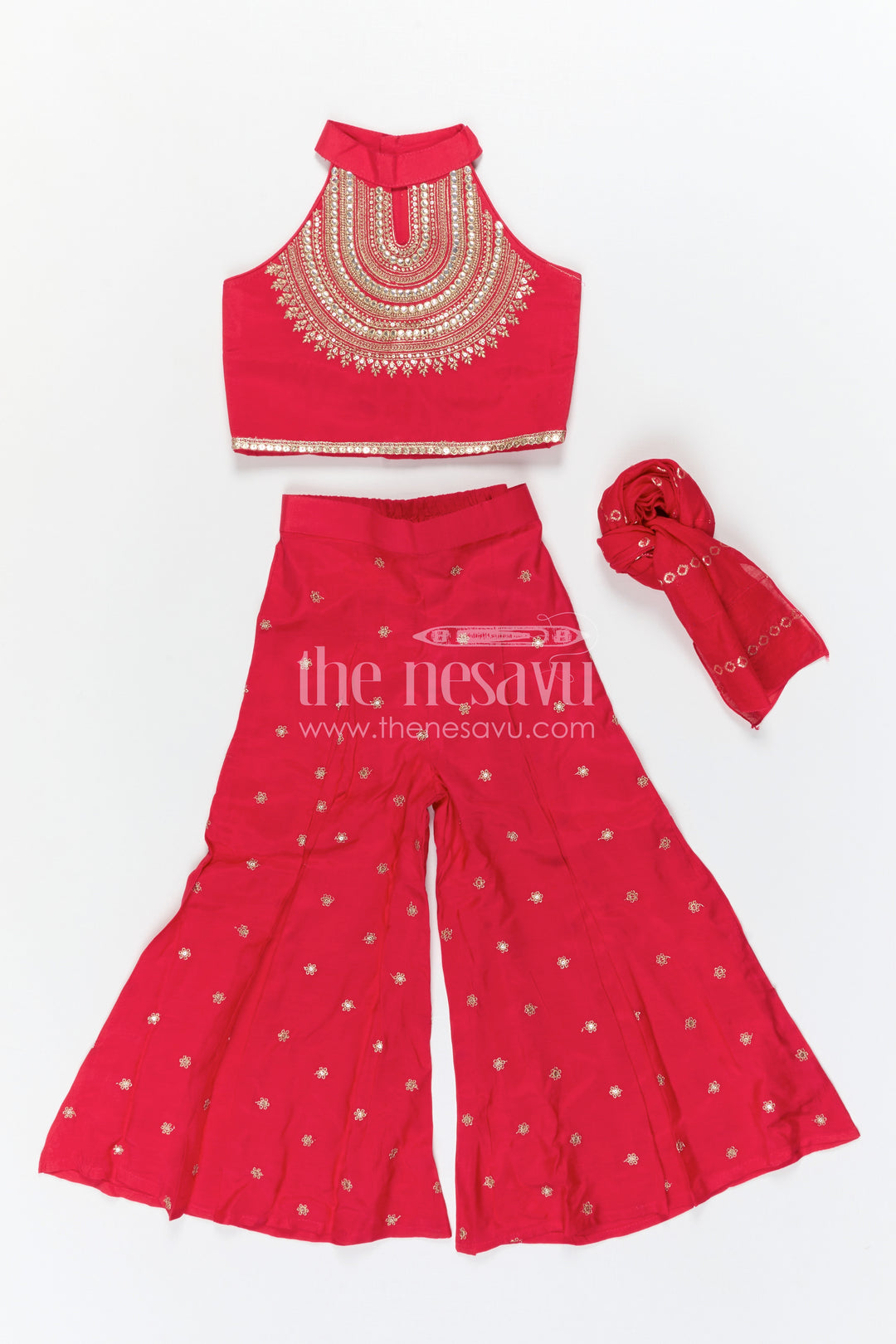 The Nesavu Girls Sharara / Plazo Set Girls Sharara Set for Weddings and Cultural Events Nesavu Nesavu Girls Sharara Set For Weddings With Modal Silk And Designer Embroidery Yoke Red Festive Outfit