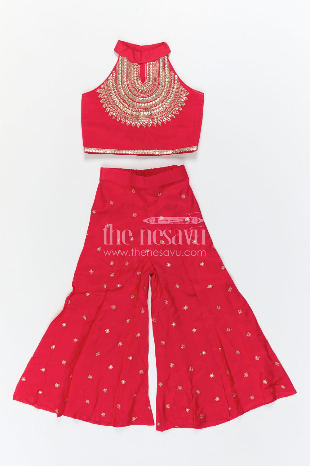 The Nesavu Girls Sharara / Plazo Set Girls Sharara Set for Weddings and Cultural Events Nesavu Nesavu Girls Sharara Set For Weddings With Modal Silk And Designer Embroidery Yoke Red Festive Outfit