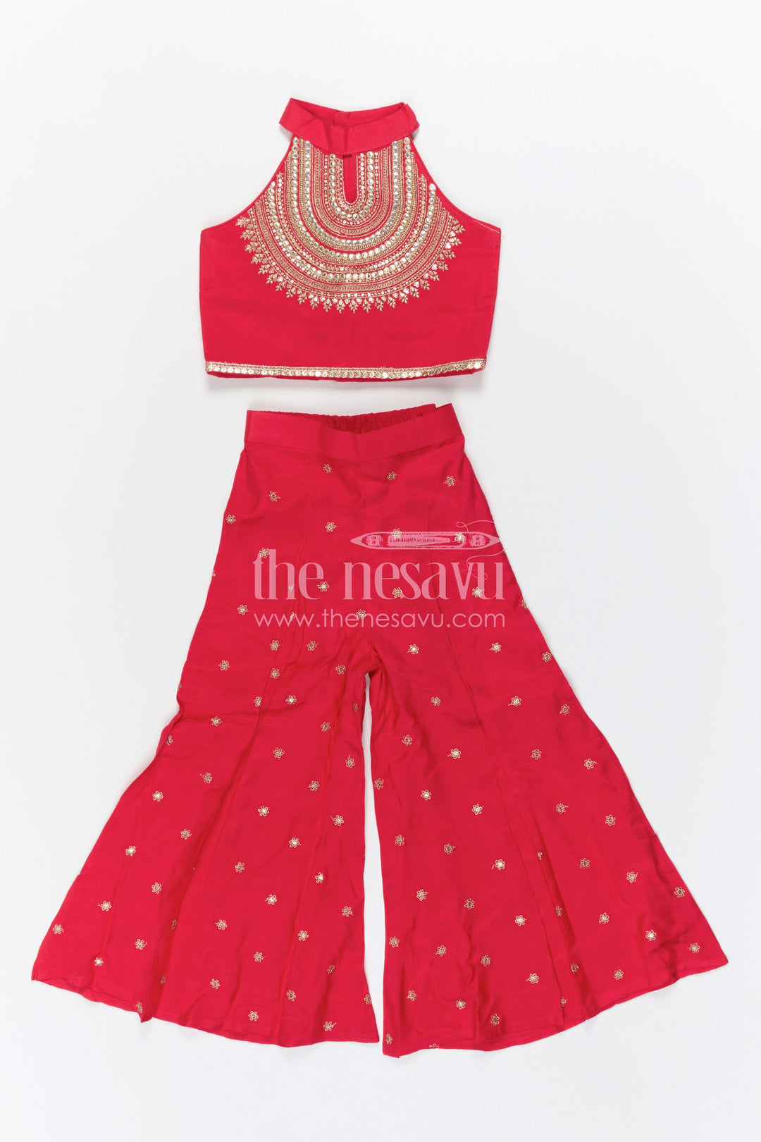 The Nesavu Girls Sharara / Plazo Set Girls Sharara Set for Weddings and Cultural Events Nesavu Nesavu Girls Sharara Set For Weddings With Modal Silk And Designer Embroidery Yoke Red Festive Outfit