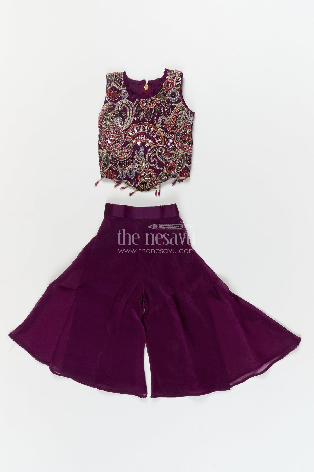 The Nesavu Girls Sharara / Plazo Set Girls Sharara Set for Weddings and Cultural Programs Nesavu 16 (1Y) / Purple / Organza GPS943A-16 Nesavu girls embroidered sharara set in organza for weddings and festive stage moments