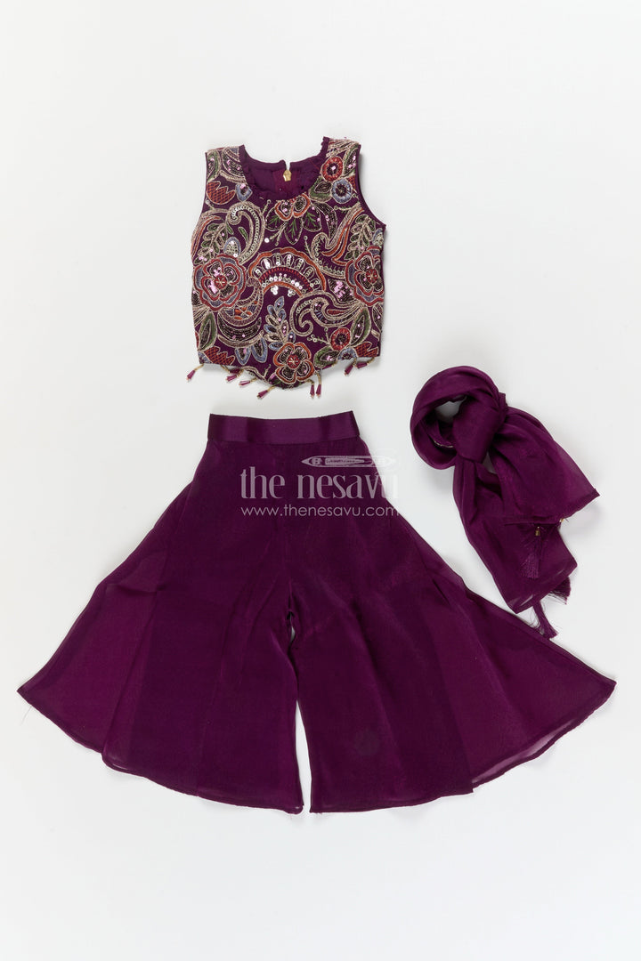 The Nesavu Girls Sharara / Plazo Set Girls Sharara Set for Weddings and Cultural Programs Nesavu Nesavu girls embroidered sharara set in organza for weddings and festive stage moments