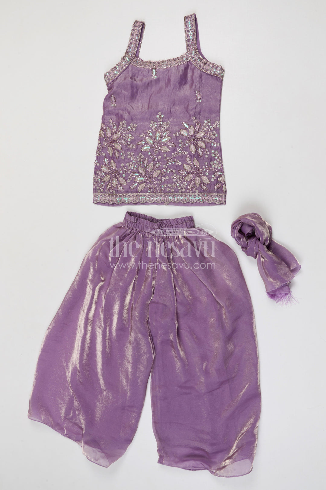 The Nesavu Girls Sharara / Plazo Set Girls Sharara Set for Weddings and Festival Celebrate. Nesavu Nesavu girls glaze organza sharara set with designer embroidered yoke for weddings and festive celebrations