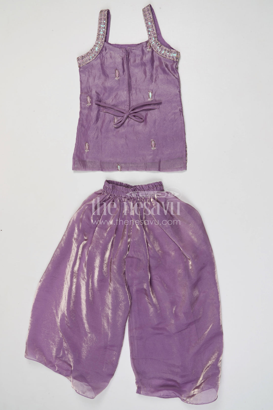 The Nesavu Girls Sharara / Plazo Set Girls Sharara Set for Weddings and Festival Celebrate. Nesavu Nesavu girls glaze organza sharara set with designer embroidered yoke for weddings and festive celebrations