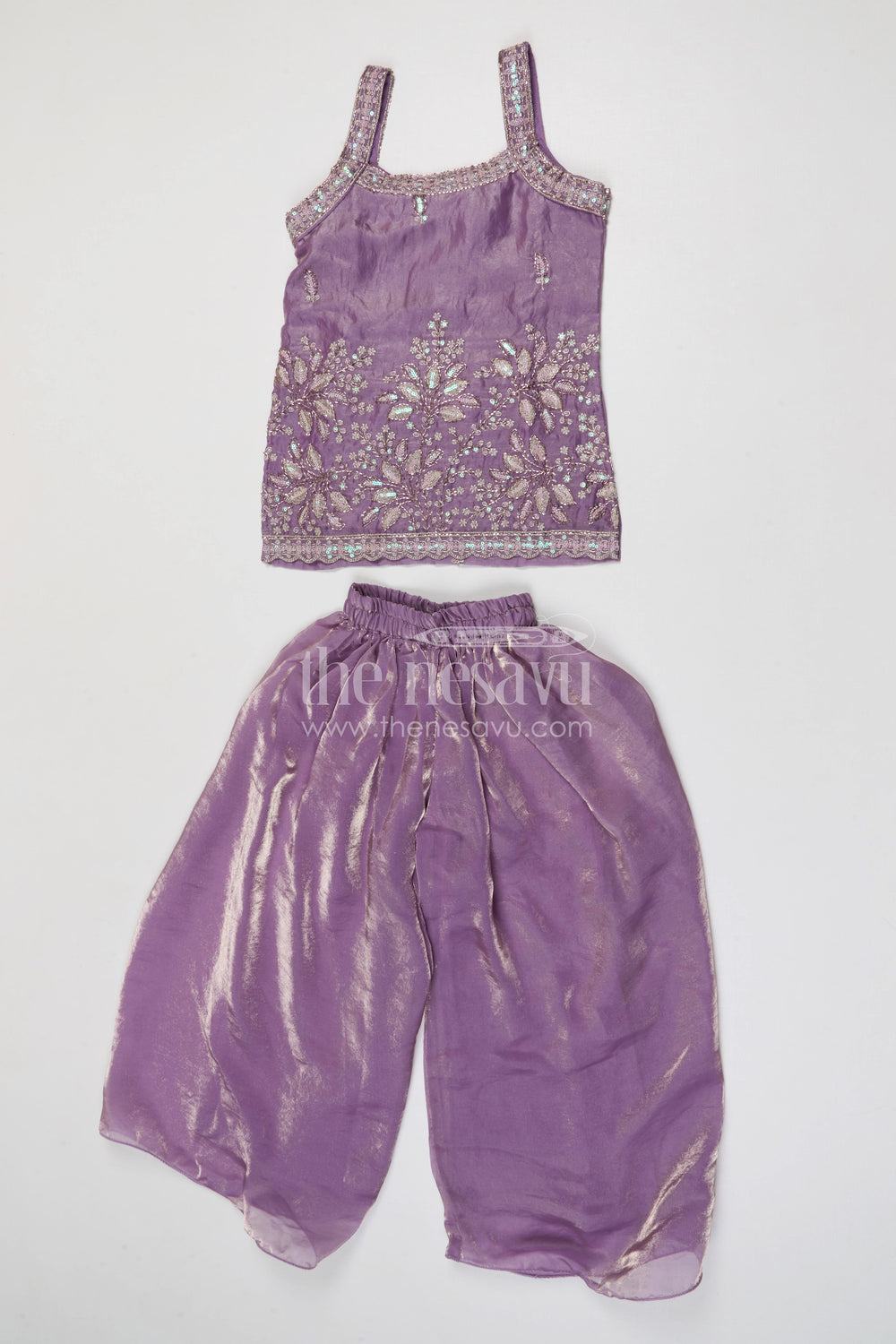 The Nesavu Girls Sharara / Plazo Set Girls Sharara Set for Weddings and Festival Celebrate. Nesavu Nesavu girls glaze organza sharara set with designer embroidered yoke for weddings and festive celebrations