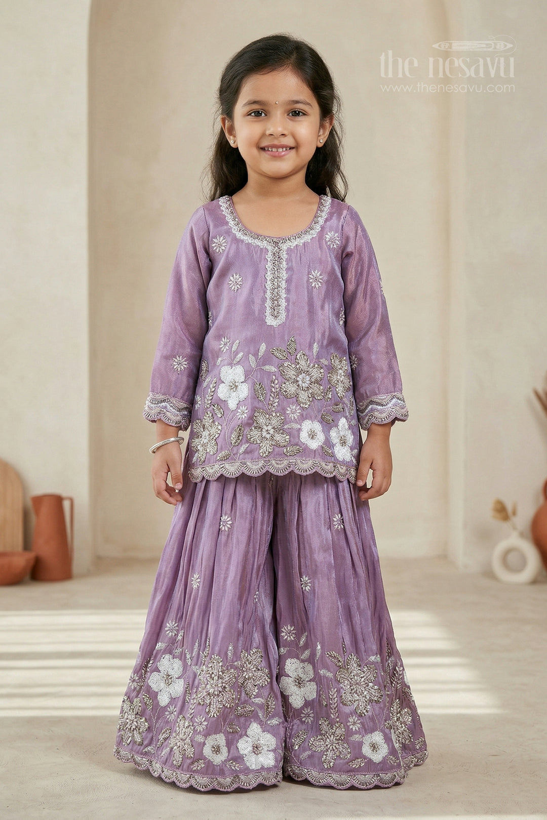 The Nesavu Girls Sharara / Plazo Set Girls Sharara Set for Weddings and Festival Celebrations Nesavu 18 (2Y) / Purple / Viscose Silk GPS1019A-18 Nesavu girls viscose silk sharara set with designer embroidery for weddings and festive occasions