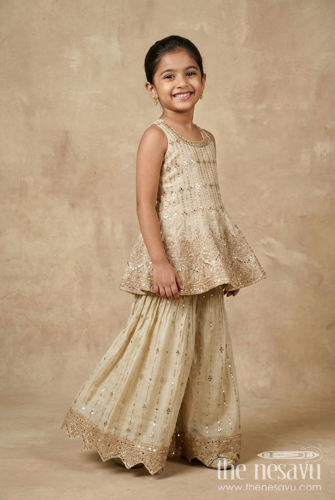 The Nesavu Girls Sharara / Plazo Set Girls Sharara Set for Weddings and Festive Celebrations Nesavu 24 (5Y) / Brown GPS900A-24 Nesavu girls sleeveless sharara set tissue silk embroidery weddings festivals
