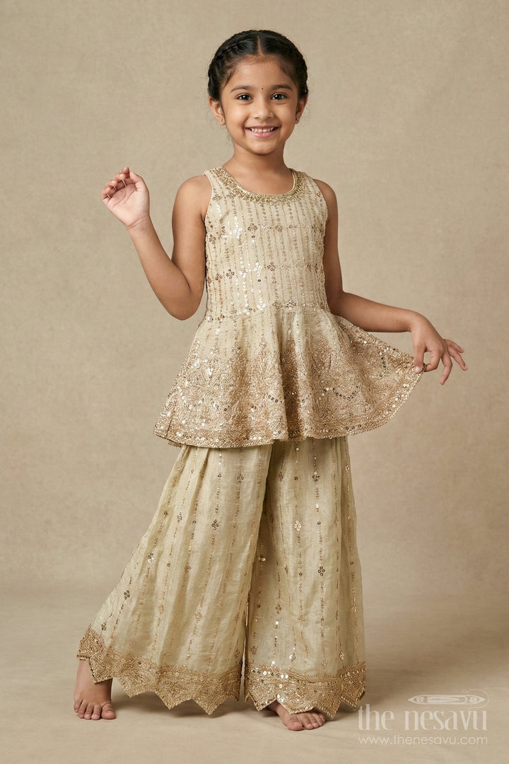 The Nesavu Girls Sharara / Plazo Set Girls Sharara Set for Weddings and Festive Celebrations Nesavu Nesavu girls sleeveless sharara set tissue silk embroidery weddings festivals