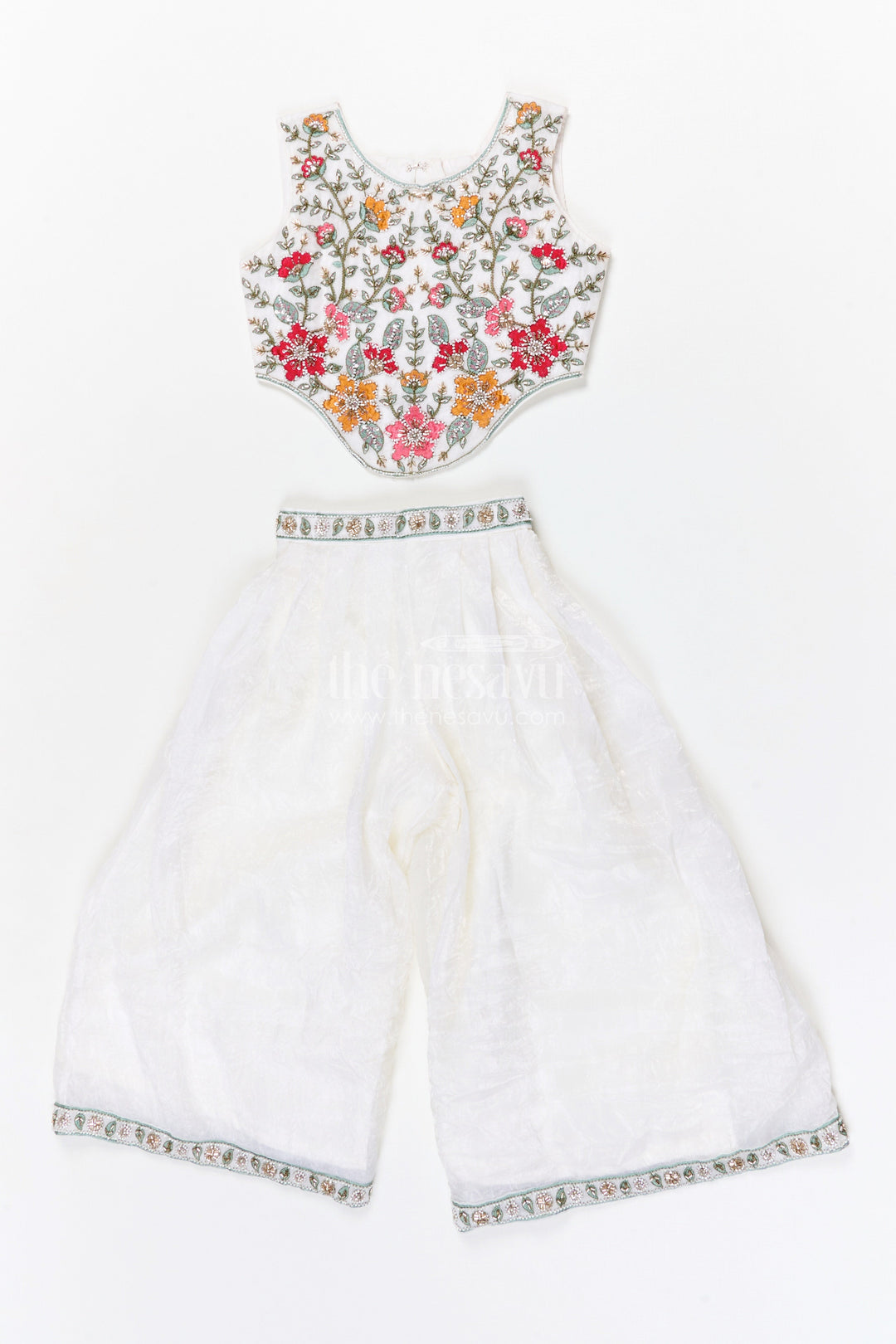 The Nesavu Girls Sharara / Plazo Set Girls Sharara Set for Weddings and Festive Family Celebrations Nesavu 24 (5Y) / White / Organza GPS984A-24 Nesavu girls crushed organza sharara set for weddings and festive occasions with embroidered yoke