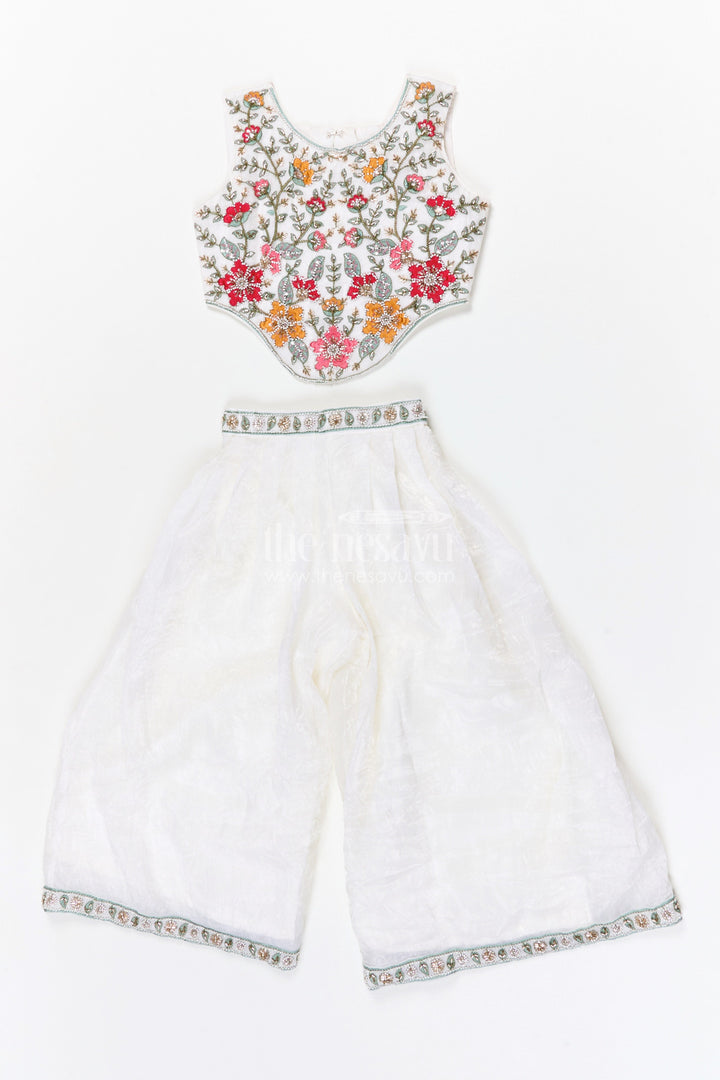 The Nesavu Girls Sharara / Plazo Set Girls Sharara Set for Weddings and Festive Family Celebrations Nesavu 24 (5Y) / White / Organza GPS984A-24 Nesavu girls crushed organza sharara set for weddings and festive occasions with embroidered yoke