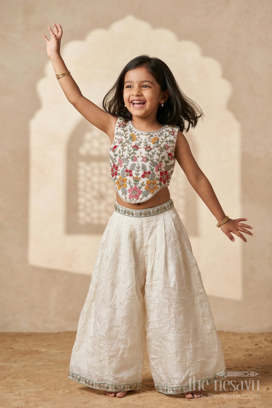 The Nesavu Girls Sharara / Plazo Set Girls Sharara Set for Weddings and Festive Family Celebrations Nesavu 24 (5Y) / White / Organza GPS984A-24 Nesavu girls crushed organza sharara set for weddings and festive occasions with embroidered yoke