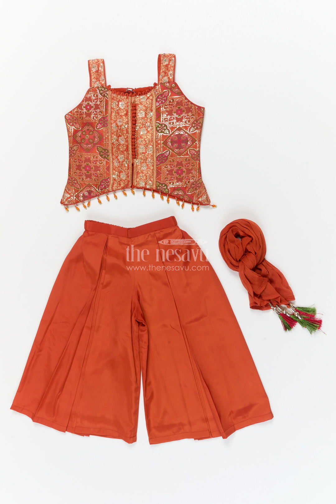 The Nesavu Girls Sharara / Plazo Set Girls Sharara Set for Weddings and Festive Family Events Nesavu Nesavu girls sharara and palazzo set for weddings and festive occasions with embroidered yoke