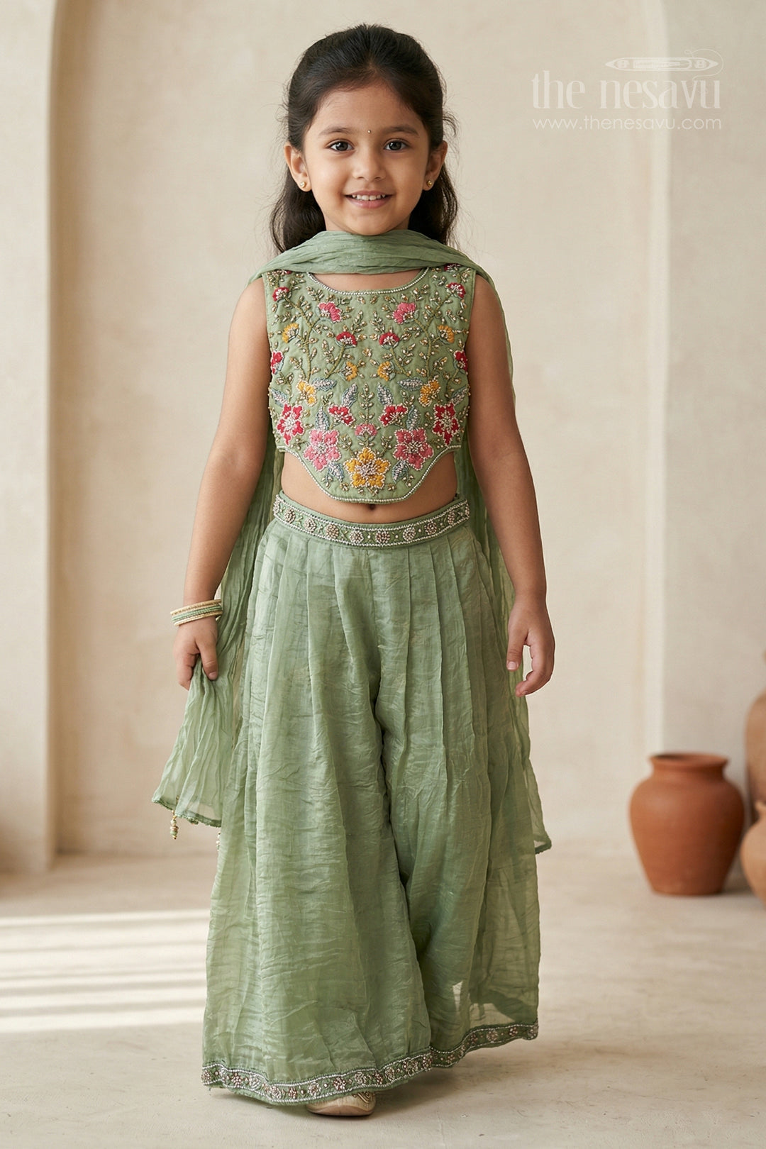 The Nesavu Girls Sharara / Plazo Set Girls Sharara Set for Weddings and Festive Occasionals Nesavu 24 (5Y) / Green / Organza GPS984B-24 Nesavu girls crushed organza sharara set with designer embroidery yoke for weddings and festive occasions