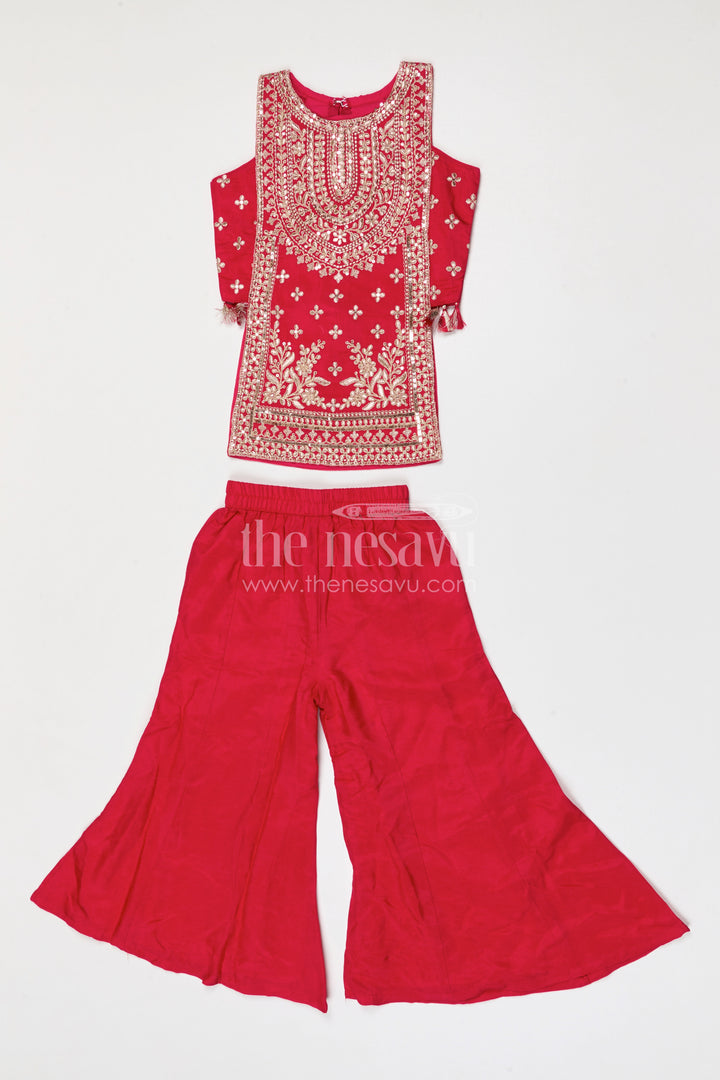 The Nesavu Girls Sharara / Plazo Set Girls Sharara Set for Weddings and Festive Typeoccasions Nesavu 24 (5Y) / Red / Georgette GPS989A-24 Nesavu girls georgette sharara set for weddings and festive occasions with designer embroidered yoke