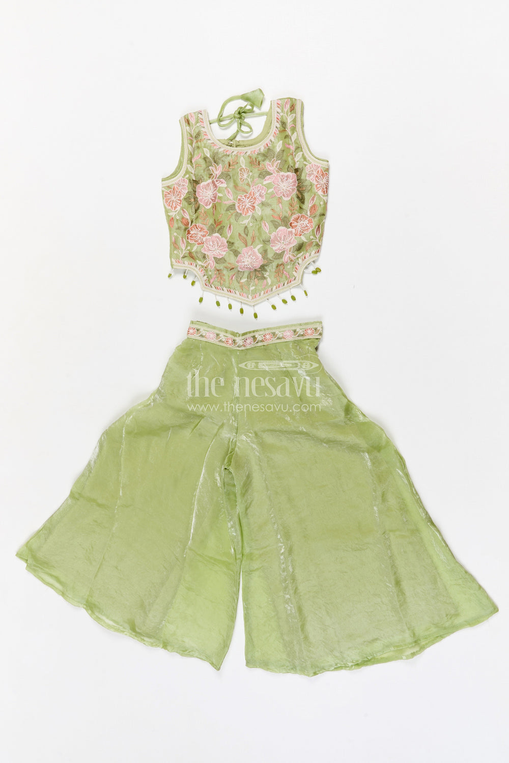The Nesavu Girls Sharara / Plazo Set Girls Sharara Set for Weddings and Festives Nesavu 24 (5Y) / Green / Organza Tissue GPS973A-24 Nesavu girls tissue organza sharara set with designer embroidery for weddings