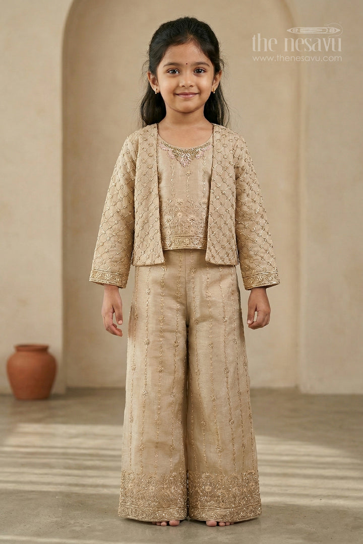 The Nesavu Girls Sharara / Plazo Set Girls Sharara Set for Weddings Nesavu 24 (5Y) / Cream / Organza Tissue GPS988A-24 Nesavu girls crushed tissue organza sharara set with designer embroidery for weddings and celebrations