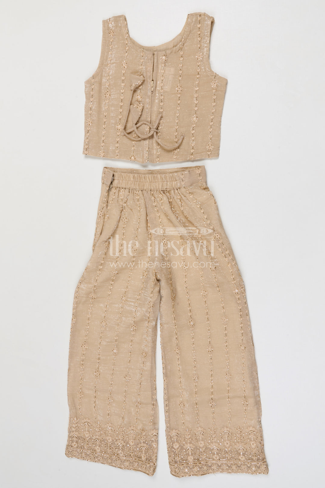 The Nesavu Girls Sharara / Plazo Set Girls Sharara Set for Weddings Nesavu Nesavu girls crushed tissue organza sharara set with designer embroidery for weddings and celebrations