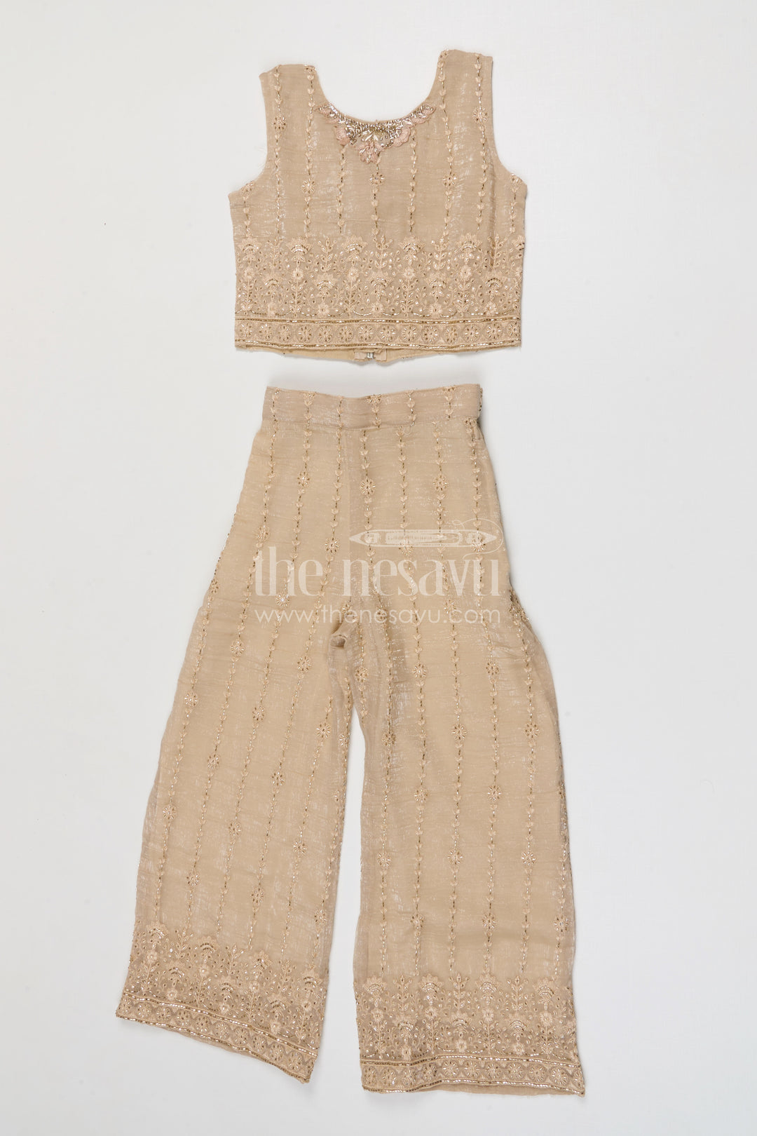 The Nesavu Girls Sharara / Plazo Set Girls Sharara Set for Weddings Nesavu Nesavu girls crushed tissue organza sharara set with designer embroidery for weddings and celebrations