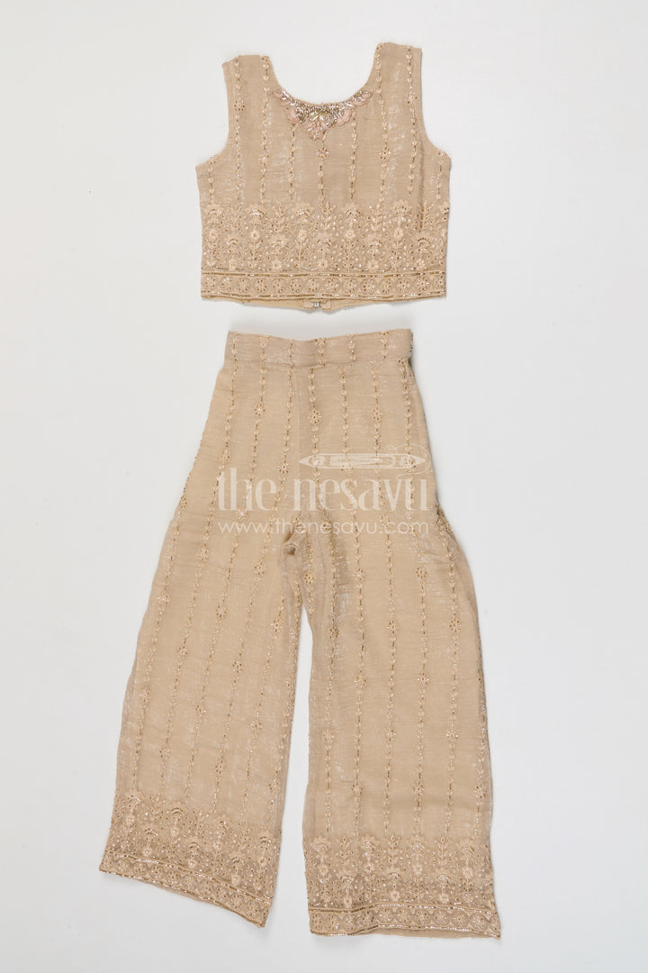 The Nesavu Girls Sharara / Plazo Set Girls Sharara Set for Weddings Nesavu Nesavu girls crushed tissue organza sharara set with designer embroidery for weddings and celebrations
