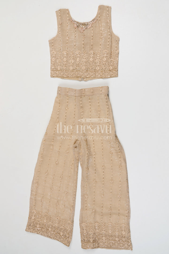The Nesavu Girls Sharara / Plazo Set Girls Sharara Set for Weddings Nesavu Nesavu girls crushed tissue organza sharara set with designer embroidery for weddings and celebrations
