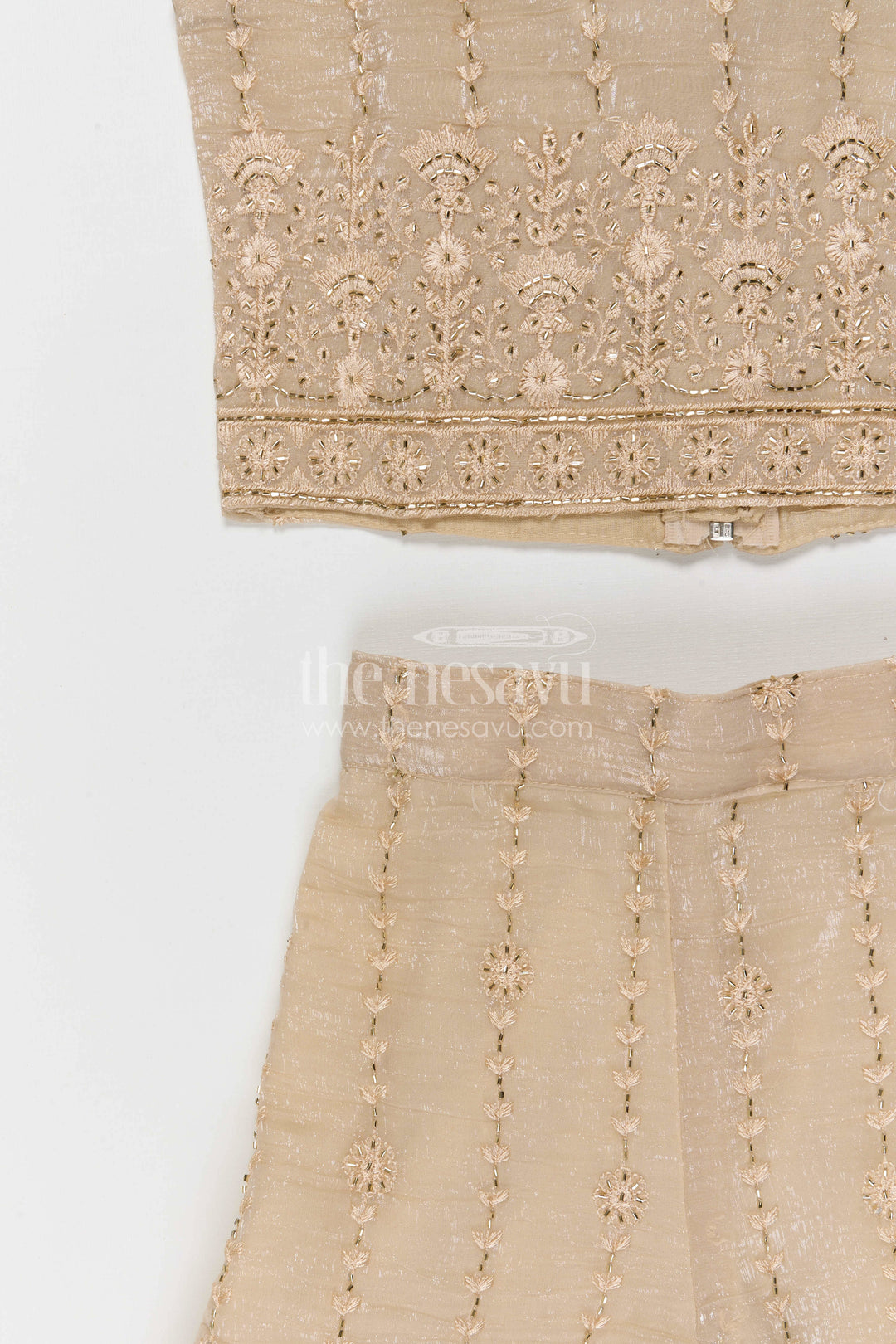 The Nesavu Girls Sharara / Plazo Set Girls Sharara Set for Weddings Nesavu Nesavu girls crushed tissue organza sharara set with designer embroidery for weddings and celebrations