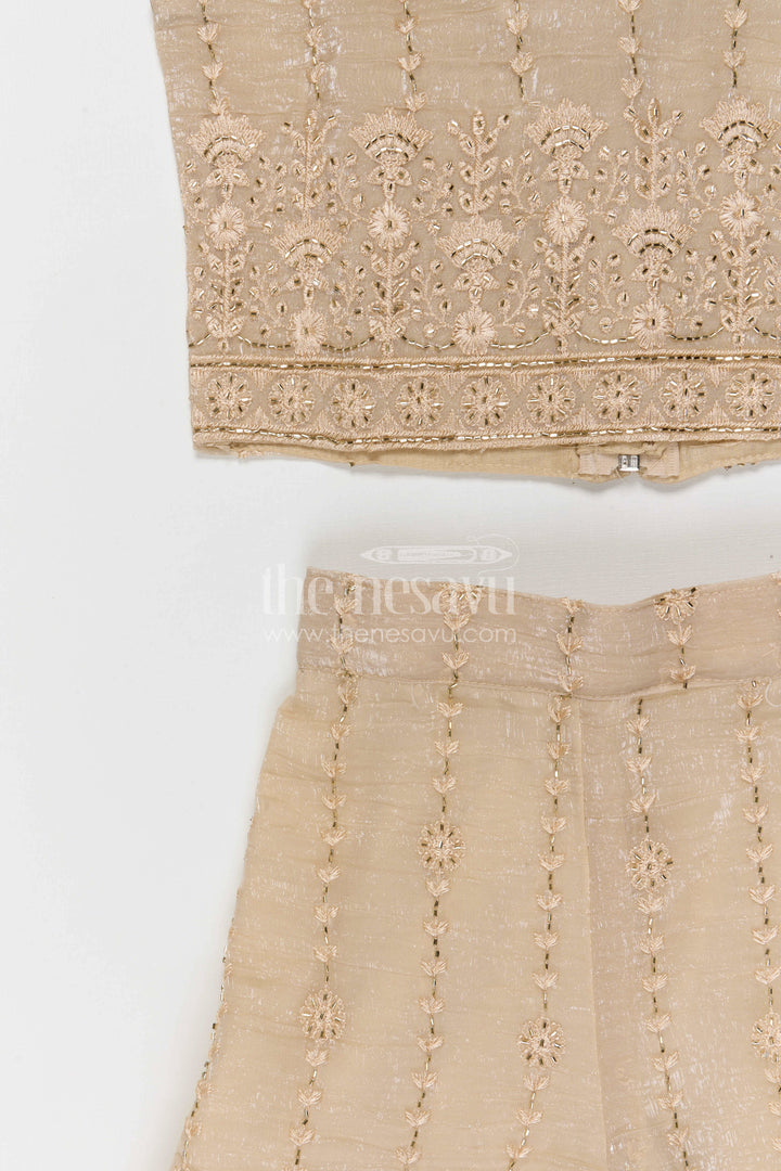 The Nesavu Girls Sharara / Plazo Set Girls Sharara Set for Weddings Nesavu Nesavu girls crushed tissue organza sharara set with designer embroidery for weddings and celebrations