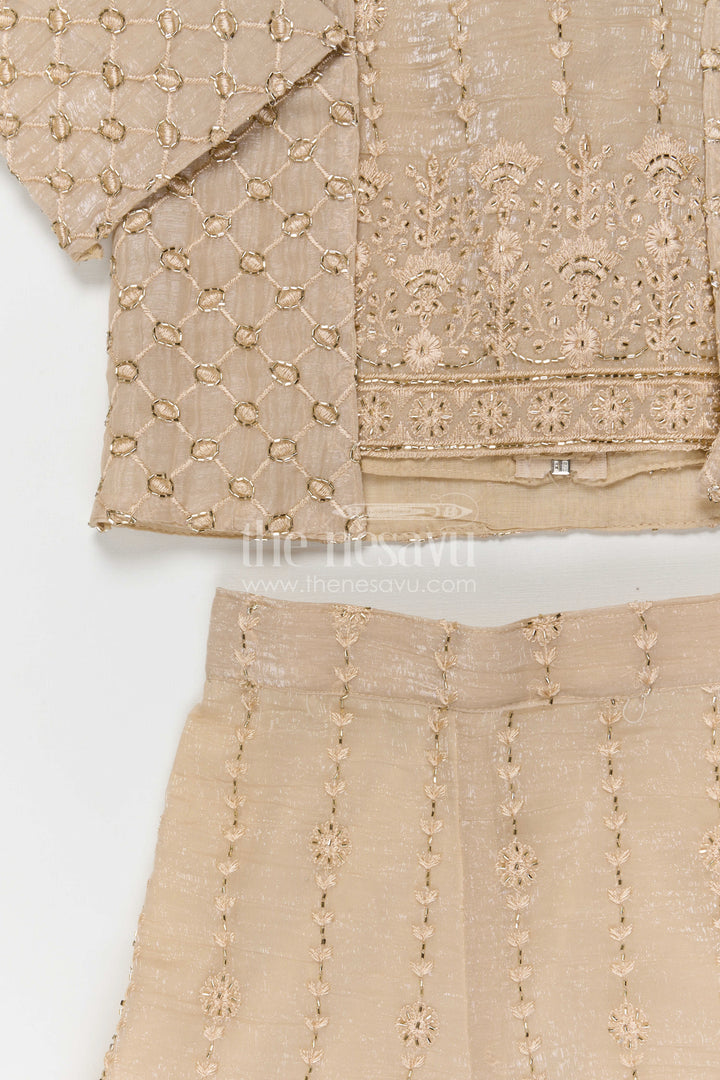 The Nesavu Girls Sharara / Plazo Set Girls Sharara Set for Weddings Nesavu Nesavu girls crushed tissue organza sharara set with designer embroidery for weddings and celebrations