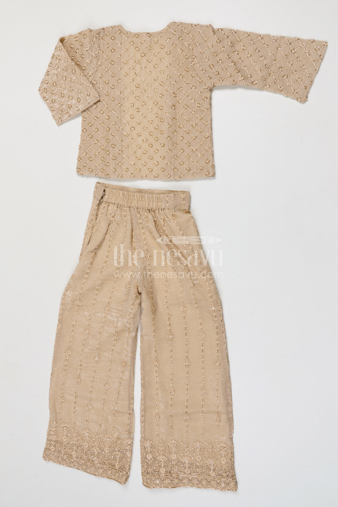 The Nesavu Girls Sharara / Plazo Set Girls Sharara Set for Weddings Nesavu Nesavu girls crushed tissue organza sharara set with designer embroidery for weddings and celebrations