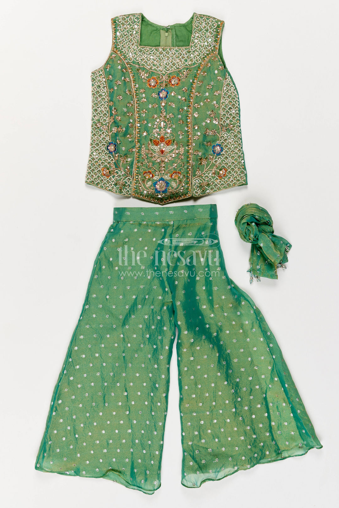 The Nesavu Girls Sharara / Plazo Set Girls Sharara Set in Green for Special Functions Nesavu 24 (5Y) / Green / Silk GPS1295A-24 Nesavu Girls Sharara Set In Green For Special Functions GPS1295A-24
