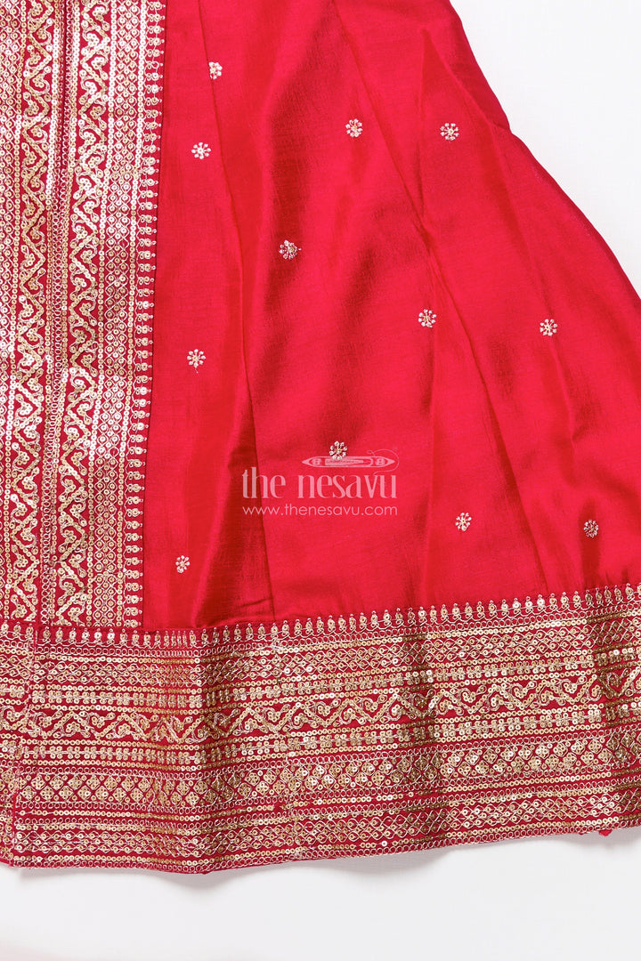 The Nesavu Girls Churidar Sets Girls Sharara Set in Red for Traditional Family Occasions Nesavu Nesavu girls red viscose silk sharara set with zari border perfect for traditional functions and festive events
