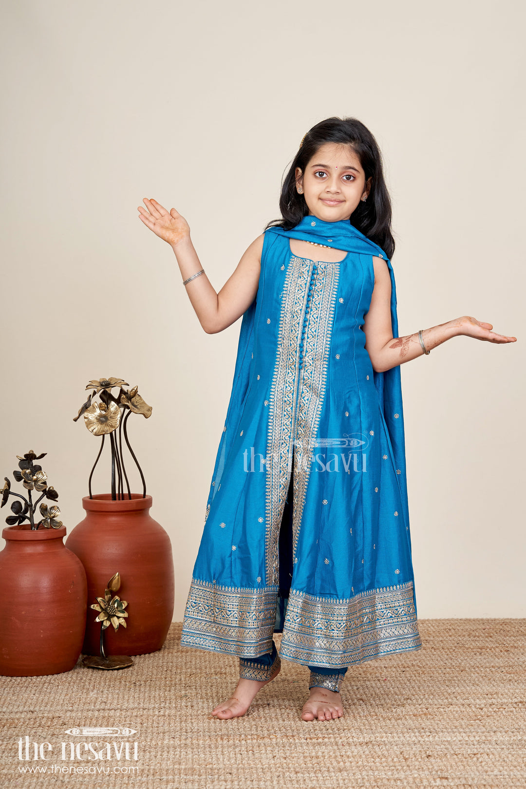 The Nesavu Girls Sharara / Plazo Set Girls sharara set in teal blue for festive functions and cultural days Nesavu 28 (7Y) / Blue GPS823A-28 Nesavu teal blue viscose silk sharara set for girls with zari border festive and school ethnic day outfit