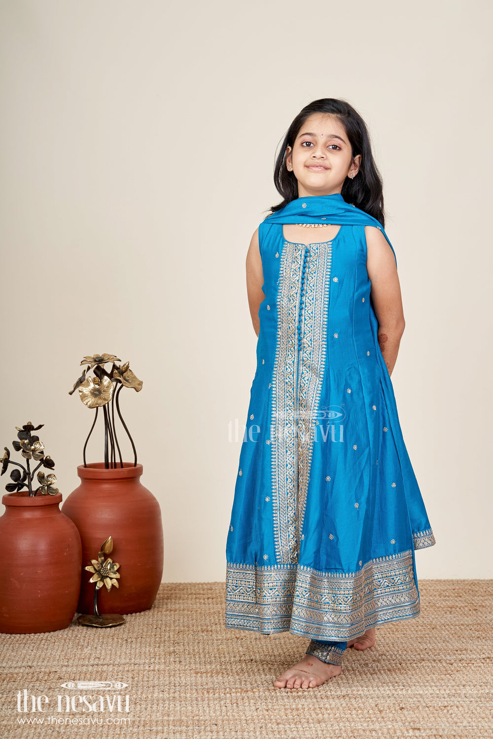 The Nesavu Girls Sharara / Plazo Set Girls sharara set in teal blue for festive functions and cultural days Nesavu Nesavu teal blue viscose silk sharara set for girls with zari border festive and school ethnic day outfit