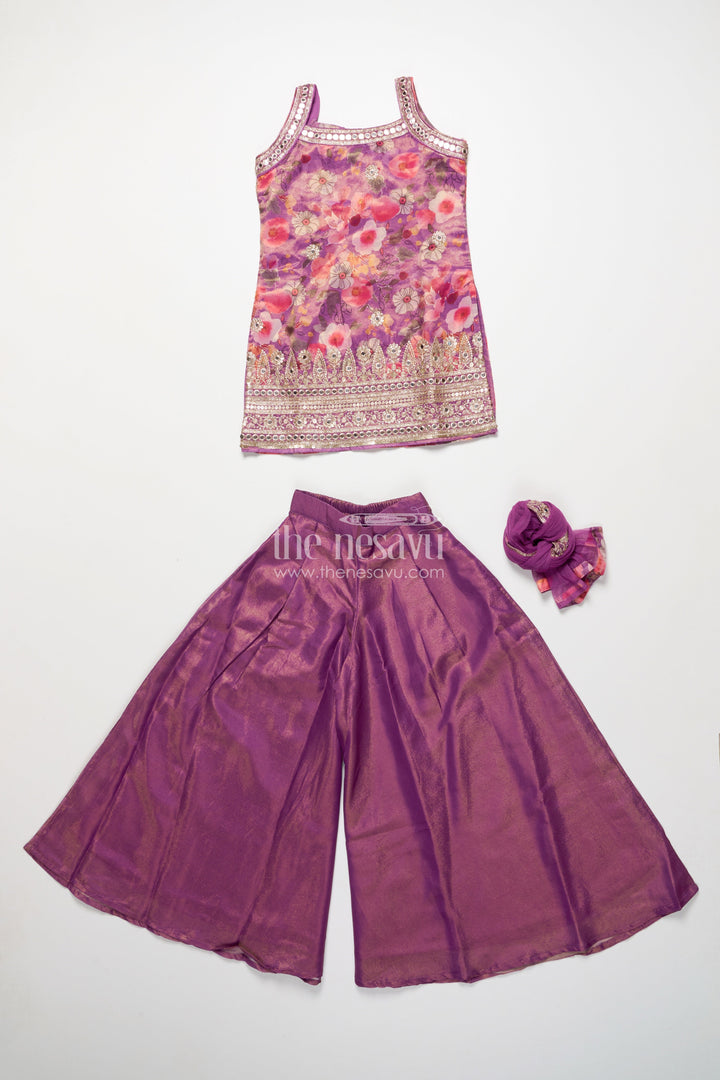The Nesavu Girls Sharara / Plazo Set Girls Sharara Set in Viscose Silk with Floral Embroidery Yoke Nesavu Nesavu girls silk sharara set floral embroidery yoke festive occasions